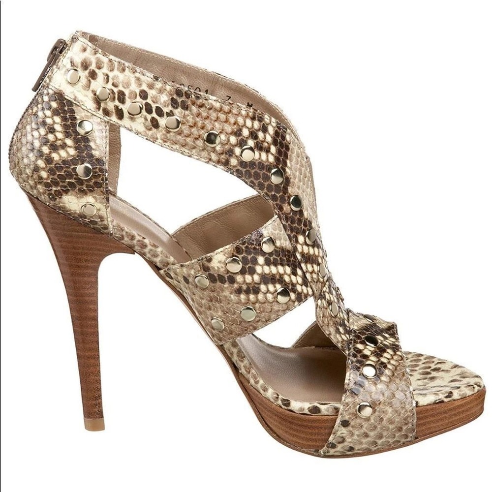 Stuart Weitzman Airforce Gold Tan Rivet Snake Print Stiletto Zip Heel Sandal - 9